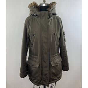 S13/NYC Olive Green Faux Fur Trim Long Sleeve Zip Front Hooded Coat Size S Small